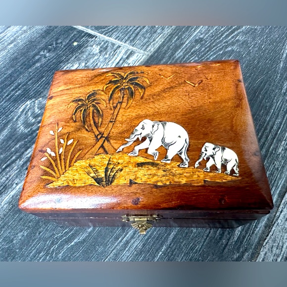 Unique 20th Century Wooden Desk Jewelry Box Elephant Family Art